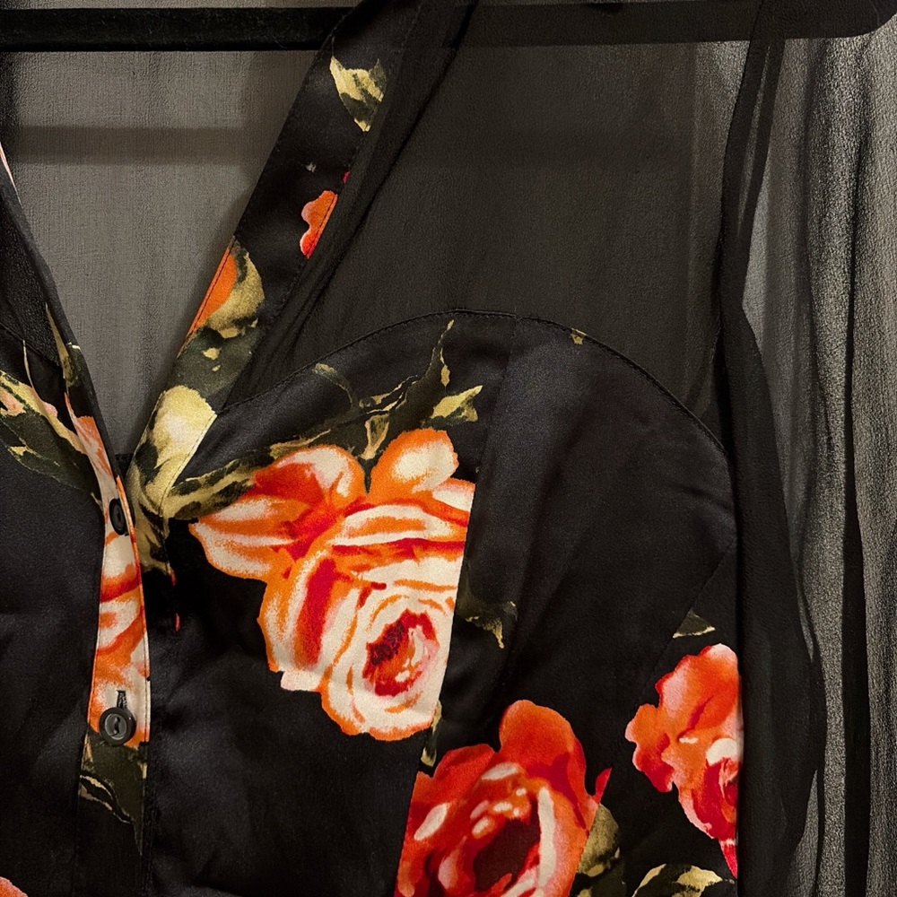 Cache Silk Black Sheer Blouse with Red Floral Design - Picture 4 of 5